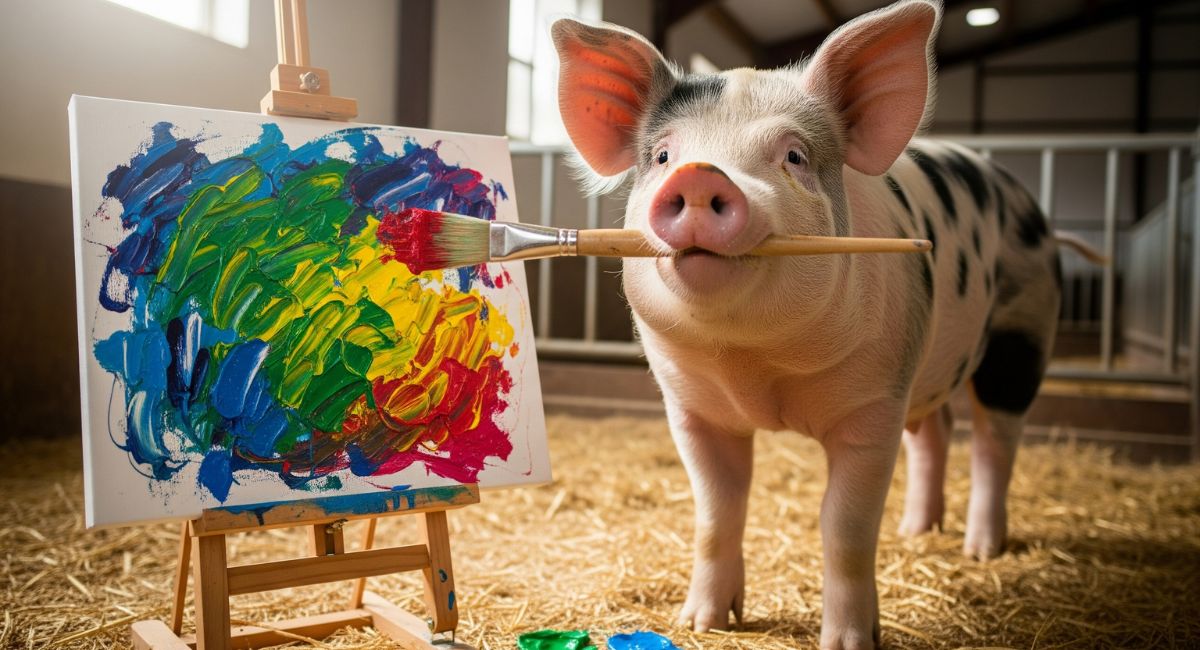 A happy and intelligent-looking pig holds a paintbrush in its mouth, standing proudly in front of a colorful abstract painting it has created at a farm sanctuary.