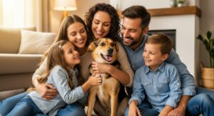 A happy family smiling and hugging their beloved rescue dog in their cozy living room, celebrating him as a hero.