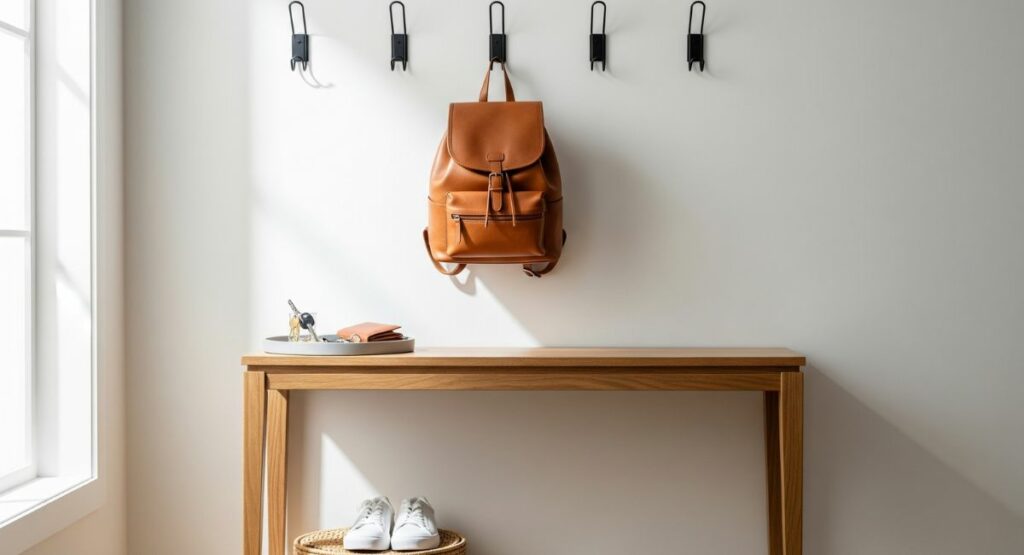 A beautifully organized entryway 'launch pad' with a console table, a tray for keys, wall hooks for bags, and a basket for shoes, creating a stress-free home system.