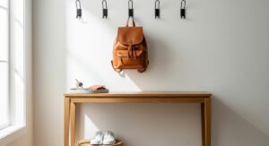A beautifully organized entryway 'launch pad' with a console table, a tray for keys, wall hooks for bags, and a basket for shoes, creating a stress-free home system.