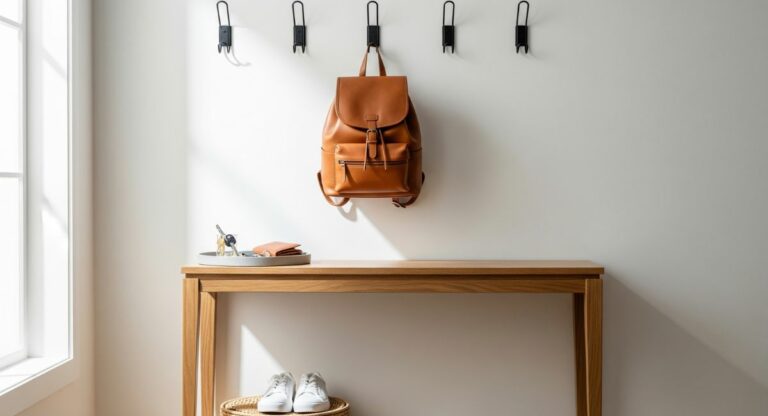 A beautifully organized entryway 'launch pad' with a console table, a tray for keys, wall hooks for bags, and a basket for shoes, creating a stress-free home system.