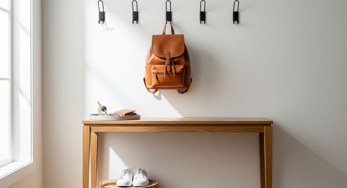 A beautifully organized entryway 'launch pad' with a console table, a tray for keys, wall hooks for bags, and a basket for shoes, creating a stress-free home system.