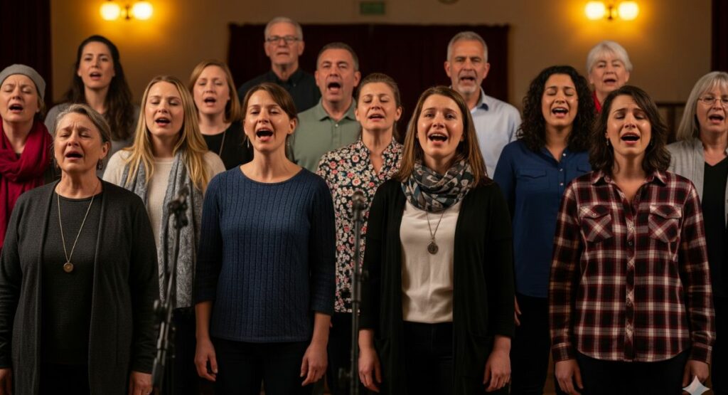 A diverse community choir, made up of people from all walks of life, singing together with passion and joy during a performance.