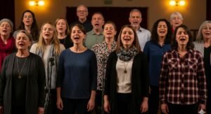 A diverse community choir, made up of people from all walks of life, singing together with passion and joy during a performance.