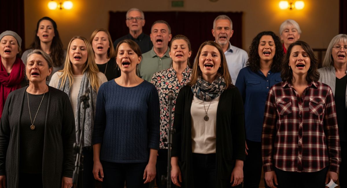 A diverse community choir, made up of people from all walks of life, singing together with passion and joy during a performance.