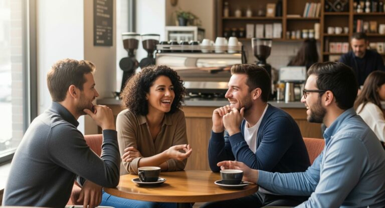A diverse group of adults laughing and having a genuine conversation in a bright, casual setting, illustrating the joy of making friends as an adult.