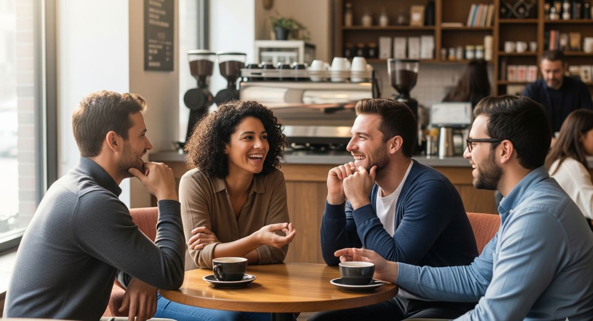 A diverse group of adults laughing and having a genuine conversation in a bright, casual setting, illustrating the joy of making friends as an adult.