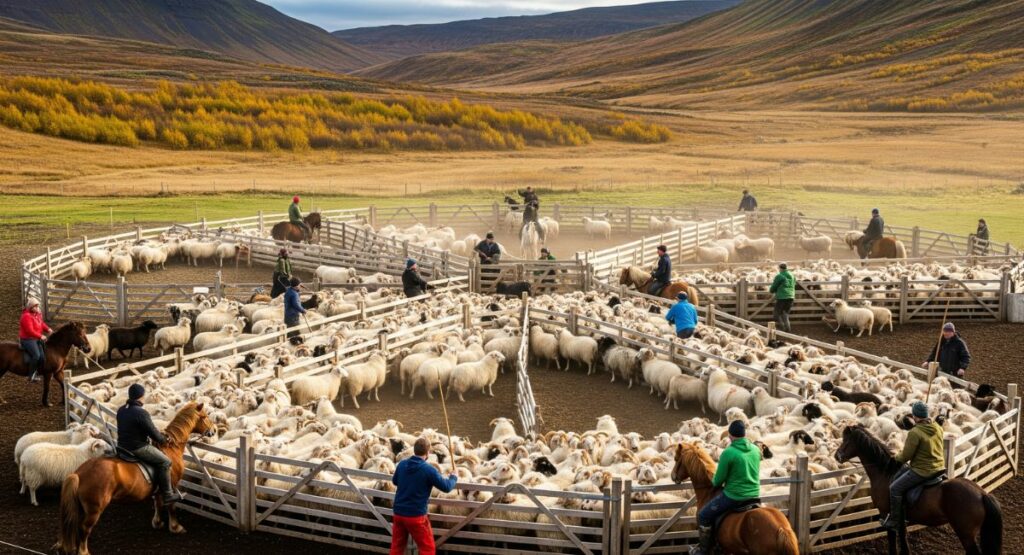 A wide, energetic shot of the Icelandic 'Réttir,' showing a large, circular wooden pen full of sheep as farmers on foot and horseback work together to sort them against a dramatic, vast landscape.