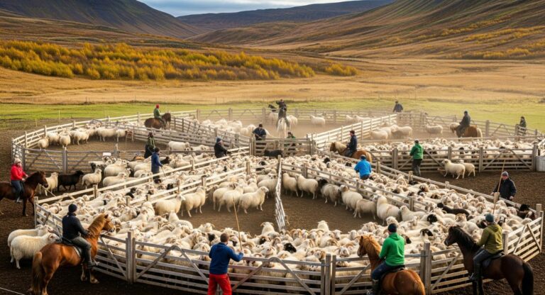 A wide, energetic shot of the Icelandic 'Réttir,' showing a large, circular wooden pen full of sheep as farmers on foot and horseback work together to sort them against a dramatic, vast landscape.