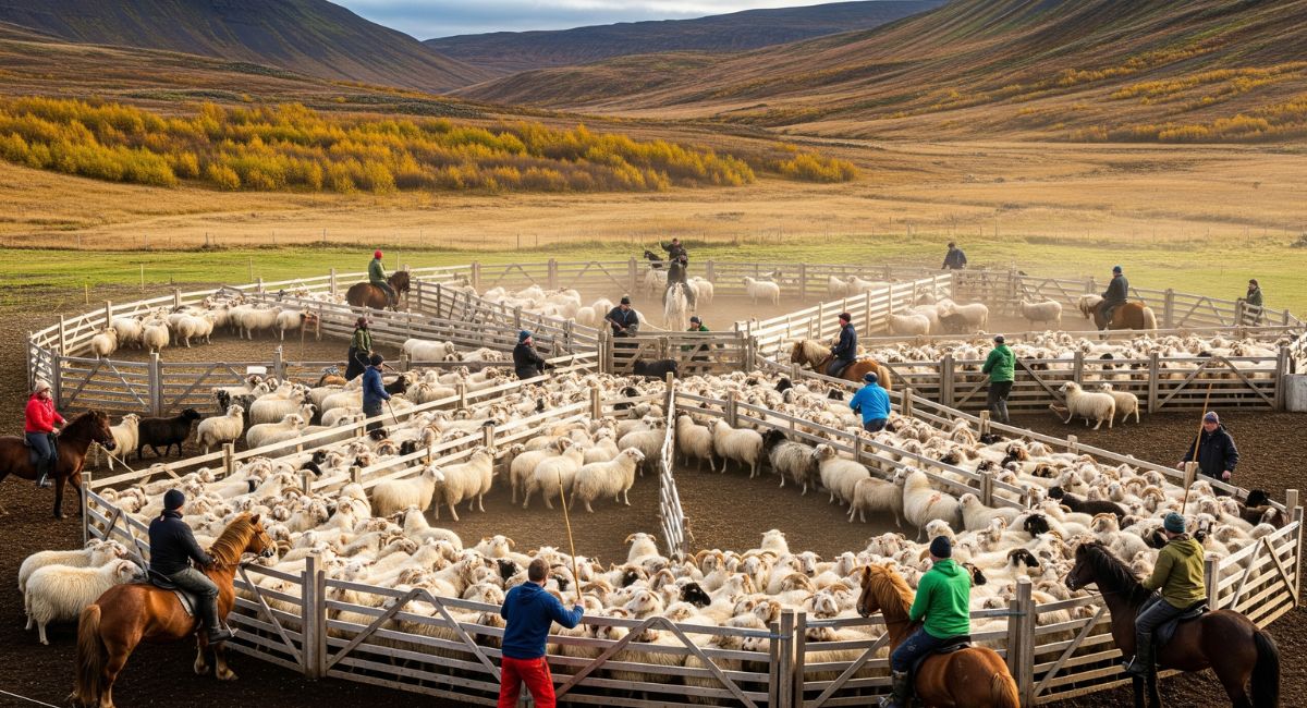 A wide, energetic shot of the Icelandic 'Réttir,' showing a large, circular wooden pen full of sheep as farmers on foot and horseback work together to sort them against a dramatic, vast landscape.