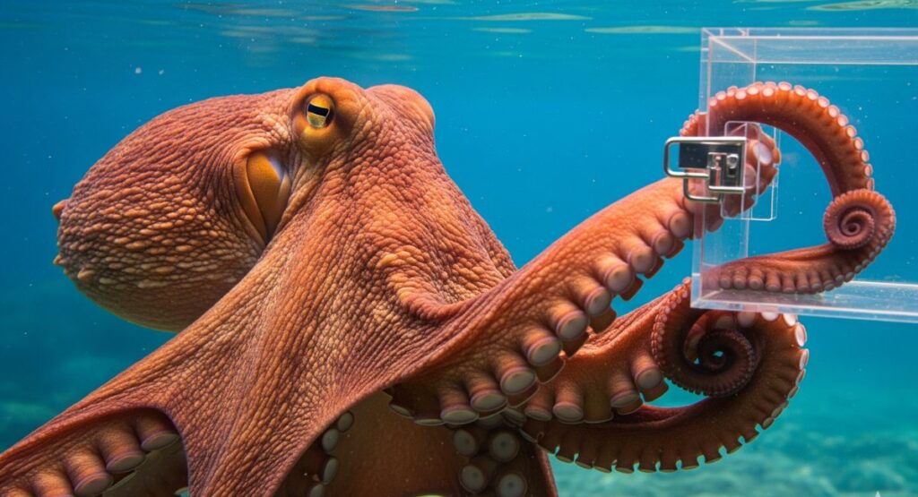 A vibrant underwater photo of an intelligent Giant Pacific Octopus using its tentacles to interact with a puzzle toy in its aquarium habitat.