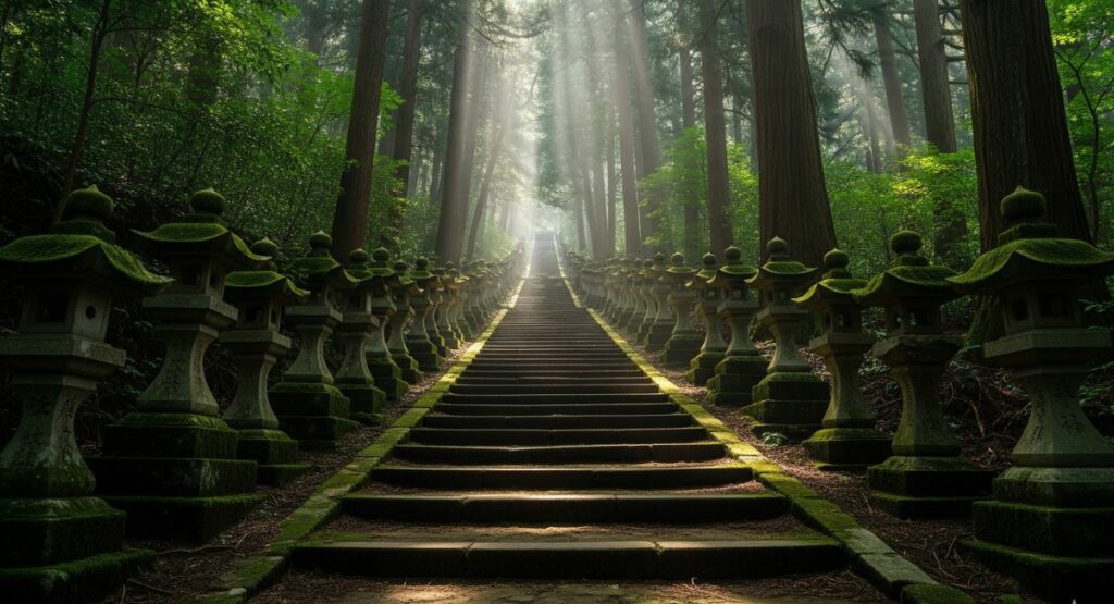 The stone staircase of Kamishikimi Kumanoimasu Shrine in Japan, lined with ancient, moss-covered stone lanterns leading up through a mystical, dense green forest.
