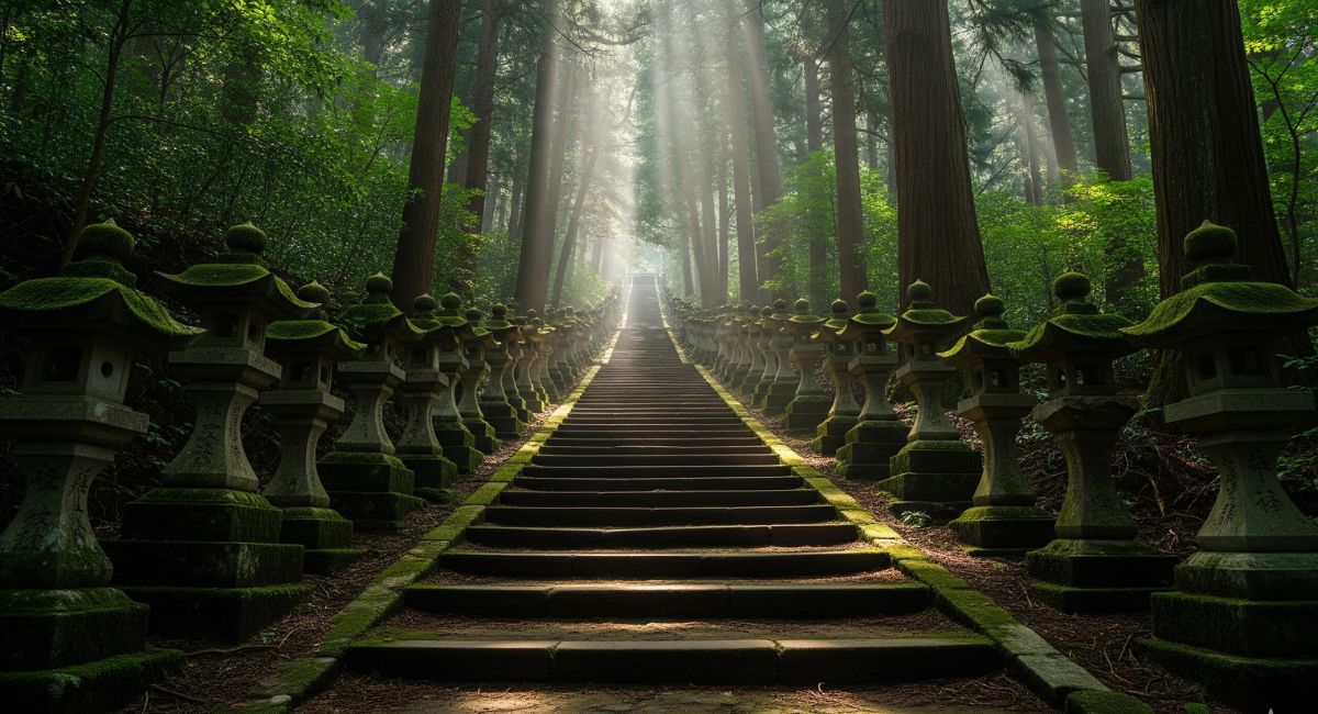 The stone staircase of Kamishikimi Kumanoimasu Shrine in Japan, lined with ancient, moss-covered stone lanterns leading up through a mystical, dense green forest.