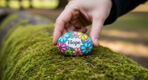 A person's hand places a colorfully painted kindness rock with the word 'Hope' on it in a natural setting, as part of a community art project.