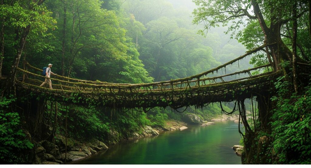A breathtaking living root bridge, formed from the intertwined roots of ancient trees, spanning a river in the lush, green rainforest of Meghalaya, India.