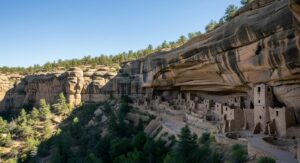 The stunning ancient cliff dwellings of Cliff Palace at Mesa Verde National Park, built into a large sandstone alcove under a protective overhang, with blue skies above.