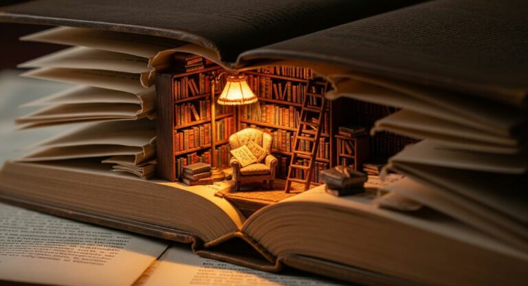 A stunningly detailed miniature diorama of a cozy library with tiny books and a reading chair, intricately built inside the hollowed-out pages of a vintage book.