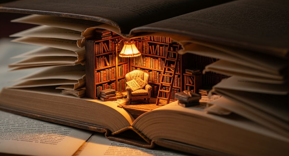 A stunningly detailed miniature diorama of a cozy library with tiny books and a reading chair, intricately built inside the hollowed-out pages of a vintage book.
