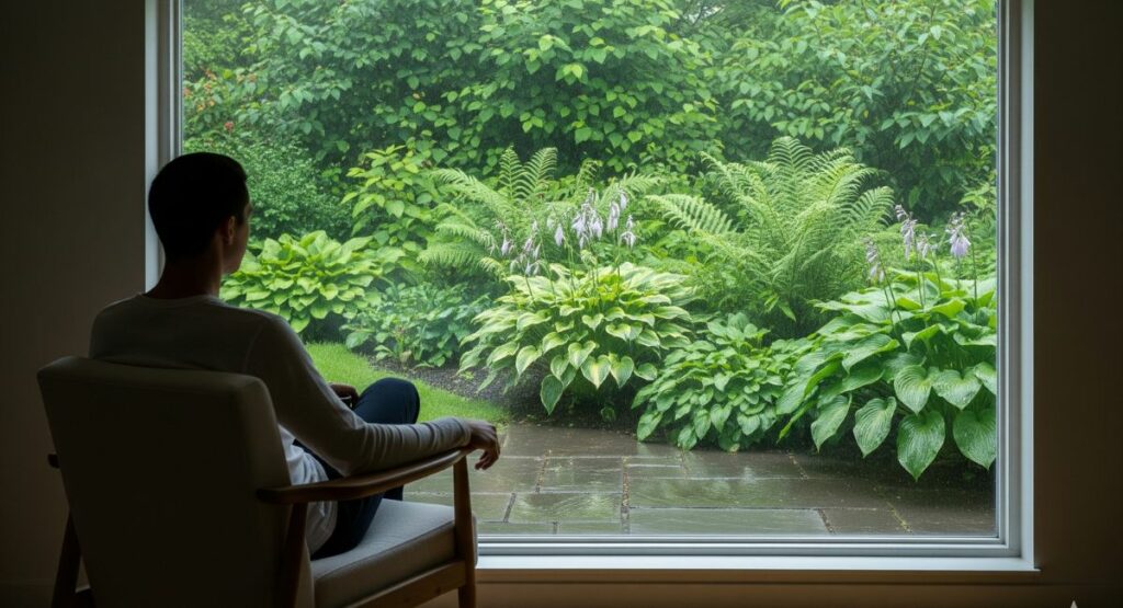 A person sits peacefully in a comfortable chair, gazing out a large window at a calm view, practicing the Dutch art of doing nothing, known as Niksen.