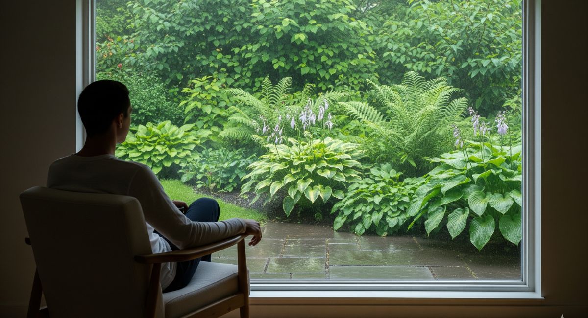 A person sits peacefully in a comfortable chair, gazing out a large window at a calm view, practicing the Dutch art of doing nothing, known as Niksen.