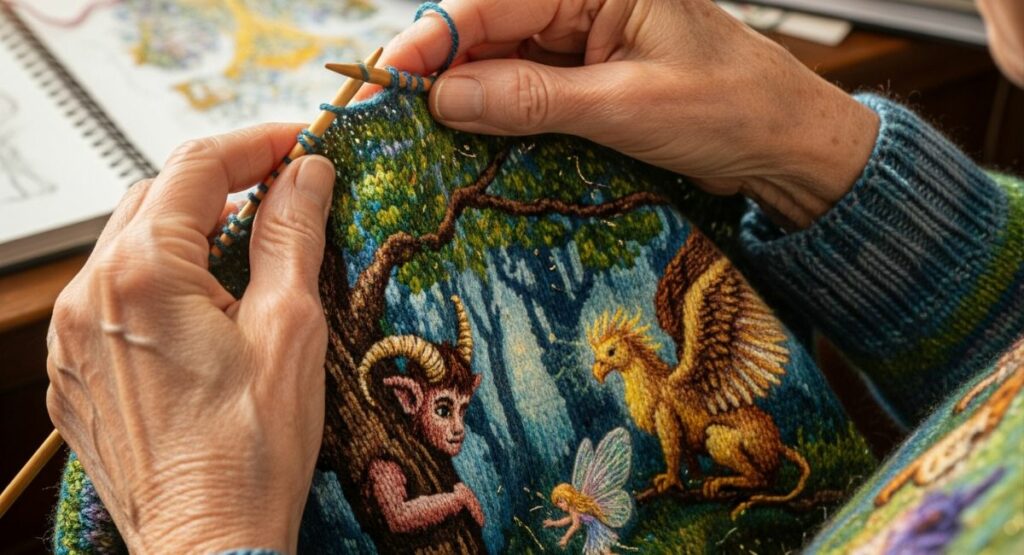 Older woman engaged in her craft, surrounded by color and inspiration