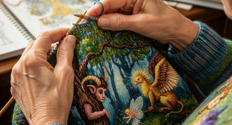 Older woman engaged in her craft, surrounded by color and inspiration