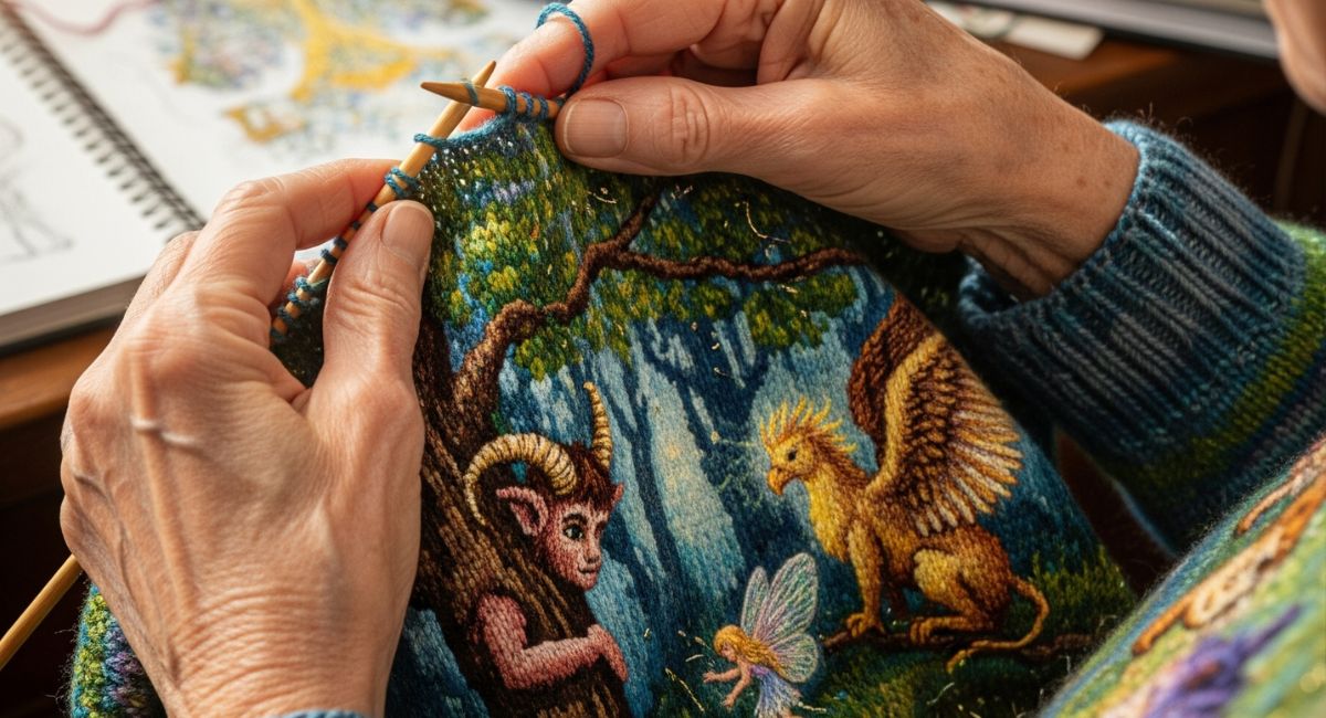 Older woman engaged in her craft, surrounded by color and inspiration