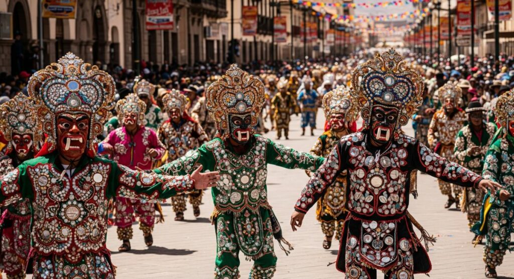 Dancers in vibrant, elaborate costumes and ornate masks perform in the streets of Puno, Peru, during the spectacular Fiesta de la Candelaria festival.