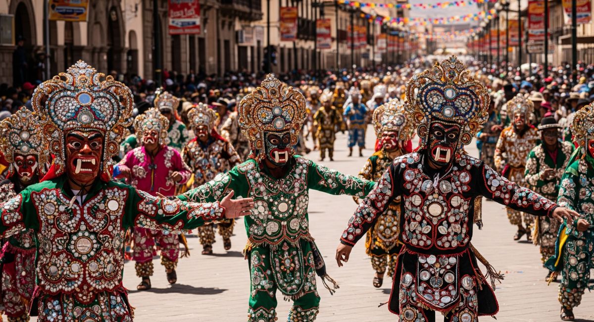 Dancers in vibrant, elaborate costumes and ornate masks perform in the streets of Puno, Peru, during the spectacular Fiesta de la Candelaria festival.