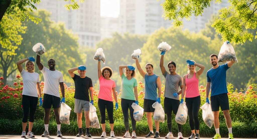 A diverse group of smiling joggers in a beautiful park holding bags of collected litter, demonstrating the environmental fitness trend of plogging.