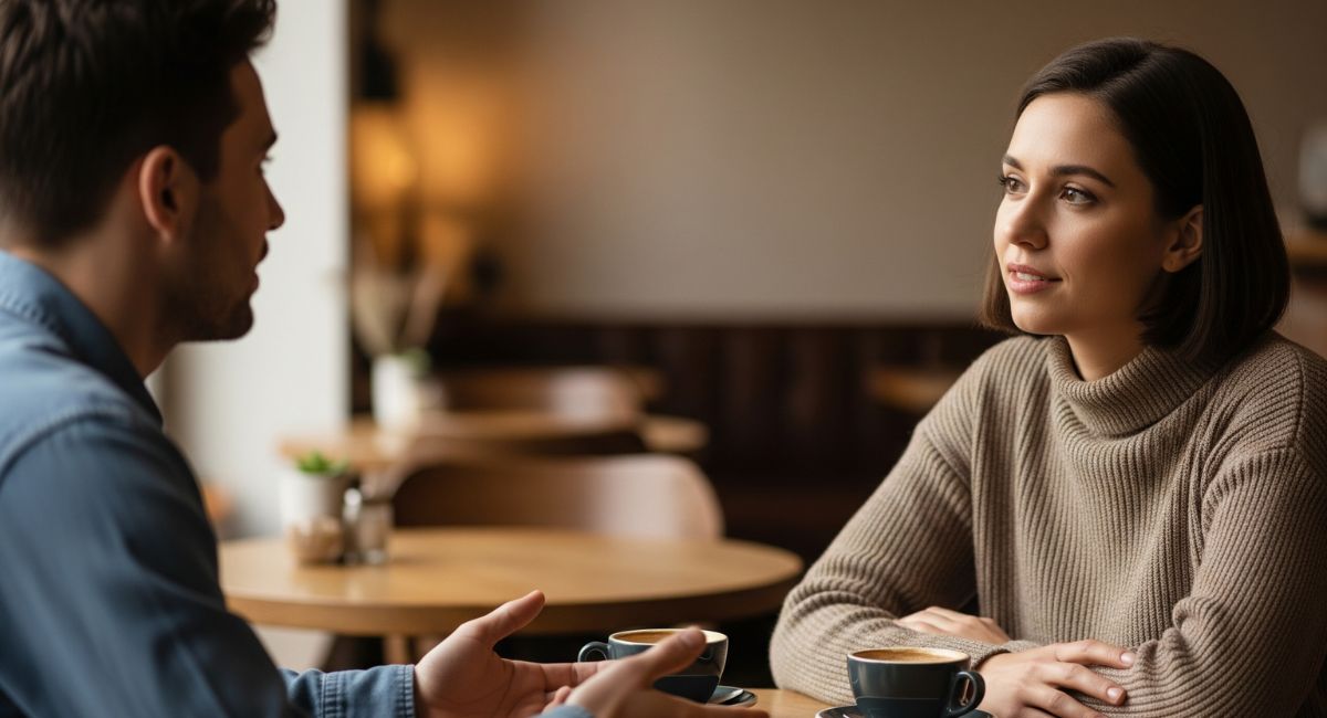 Two people having a deep conversation, with one person practicing active listening by leaning in and making eye contact, showing true engagement and empathy.