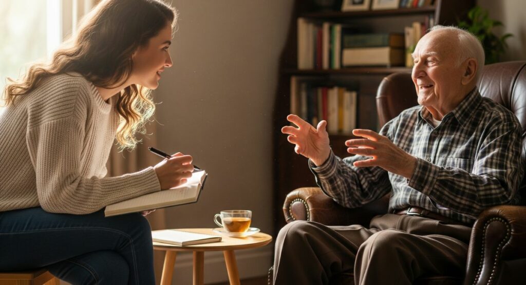 A young woman listens with a warm smile as an elderly man, sitting in a comfortable armchair, shares a life story, illustrating an intergenerational connection project.