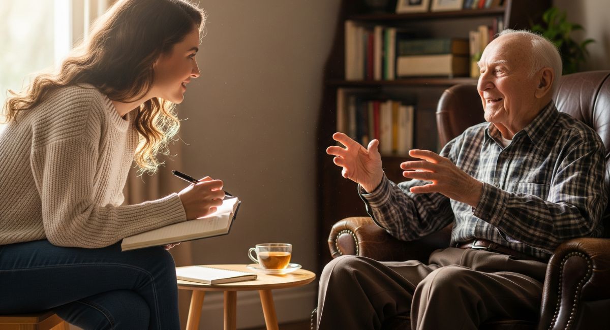A young woman listens with a warm smile as an elderly man, sitting in a comfortable armchair, shares a life story, illustrating an intergenerational connection project.