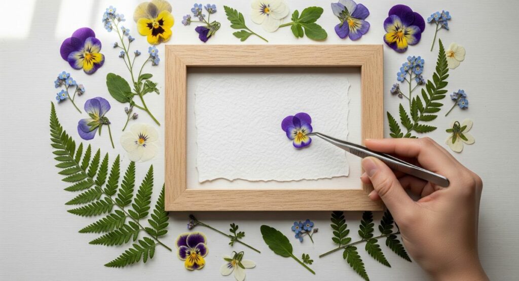 A beautiful flat lay of a pressed flower art project, showing delicate pressed flowers, tweezers, and a wooden frame on a clean, light-colored work surface.