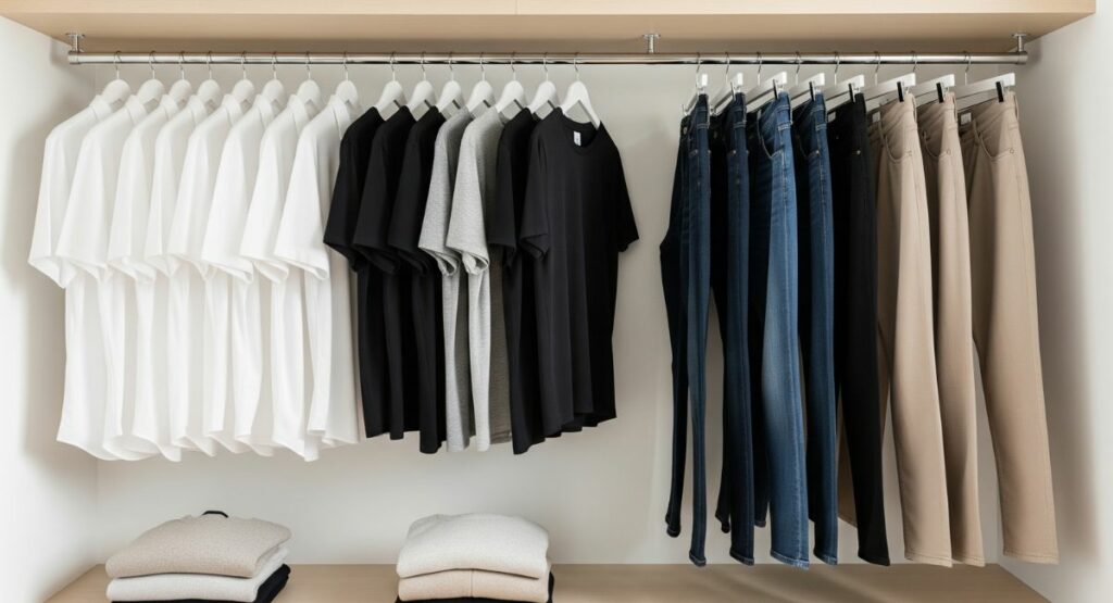 A neat and organized minimalist closet with a capsule wardrobe of similar, simple outfits, representing a way to reduce daily decision fatigue.