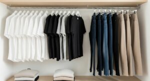 A neat and organized minimalist closet with a capsule wardrobe of similar, simple outfits, representing a way to reduce daily decision fatigue.