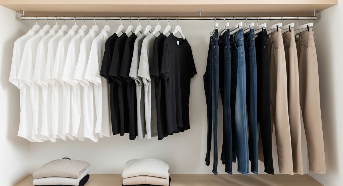 A neat and organized minimalist closet with a capsule wardrobe of similar, simple outfits, representing a way to reduce daily decision fatigue.
