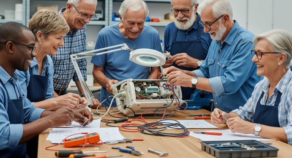 A group of senior volunteers, both men and women, working collaboratively in a bright workshop to repair a piece of medical equipment, showcasing their valuable skills.