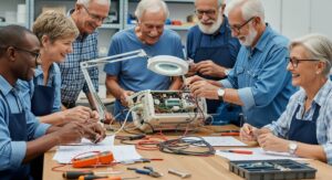 A group of senior volunteers, both men and women, working collaboratively in a bright workshop to repair a piece of medical equipment, showcasing their valuable skills.