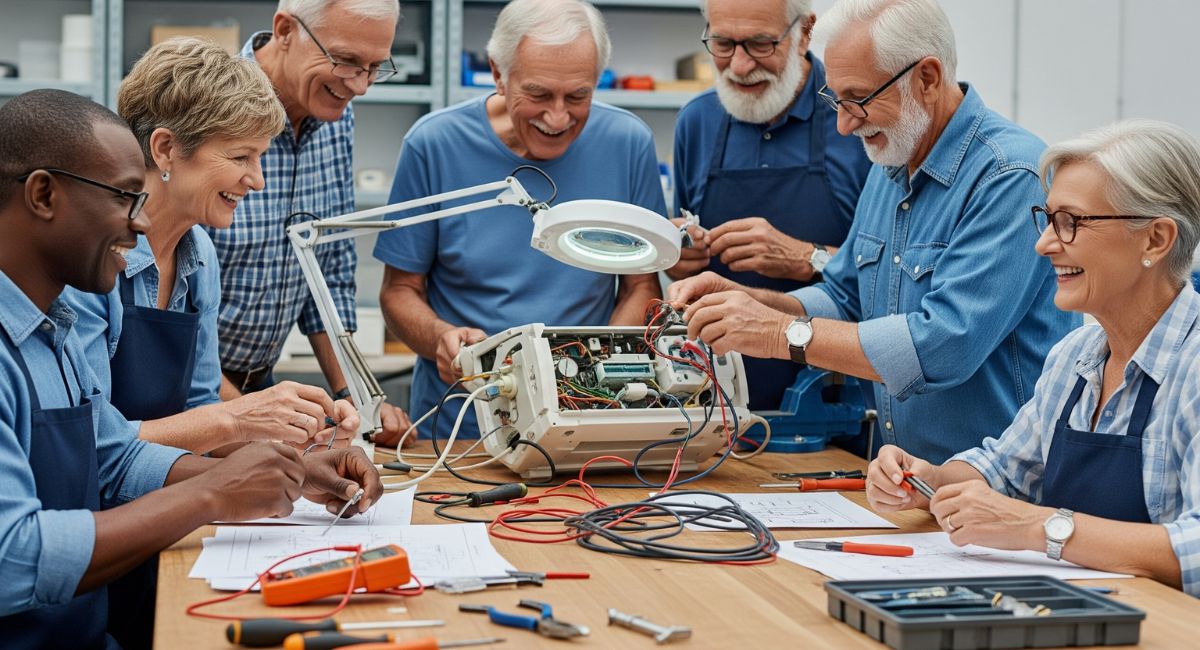 A group of senior volunteers, both men and women, working collaboratively in a bright workshop to repair a piece of medical equipment, showcasing their valuable skills.