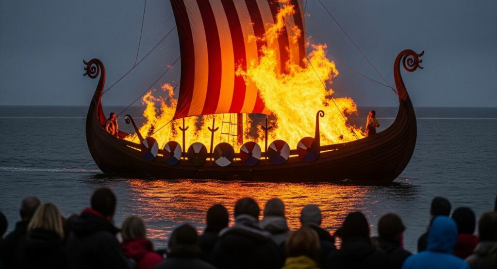 Hundreds of participants in Viking costumes hold flaming torches aloft at night, surrounding a Viking longship during Shetland's spectacular Up Helly Aa fire festival.