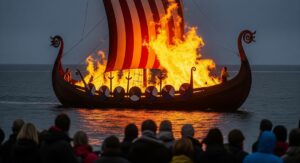Hundreds of participants in Viking costumes hold flaming torches aloft at night, surrounding a Viking longship during Shetland's spectacular Up Helly Aa fire festival.