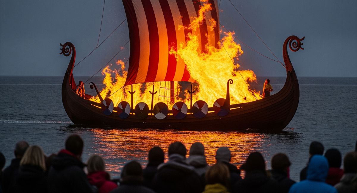 Hundreds of participants in Viking costumes hold flaming torches aloft at night, surrounding a Viking longship during Shetland's spectacular Up Helly Aa fire festival.