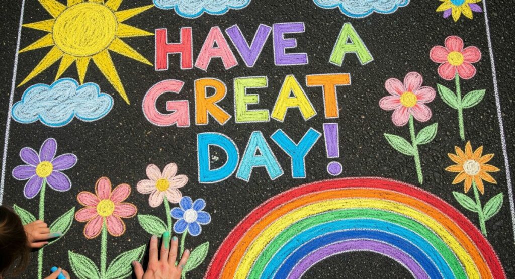 A colorful and positive sidewalk chalk drawing with the words "Have a Great Day!" surrounded by flowers and suns, illustrating a neighborhood connection project.