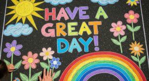 A colorful and positive sidewalk chalk drawing with the words "Have a Great Day!" surrounded by flowers and suns, illustrating a neighborhood connection project.