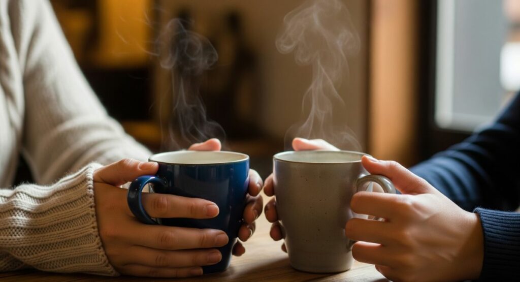 A close-up of two people's hands holding warm coffee mugs while sitting at a table, symbolizing a moment of connection and strengthening relationships.