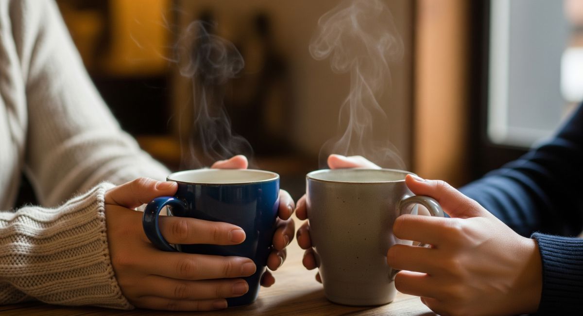 A close-up of two people's hands holding warm coffee mugs while sitting at a table, symbolizing a moment of connection and strengthening relationships.