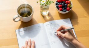 A person writing in a weekly planner on a clean wooden table, next to a calming cup of herbal tea and a small vase of fresh flowers, symbolizing a relaxing Sunday reset routine.