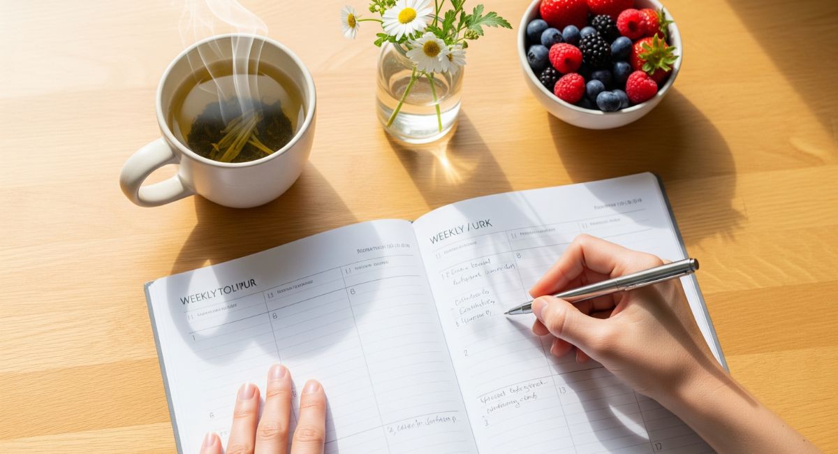 A person writing in a weekly planner on a clean wooden table, next to a calming cup of herbal tea and a small vase of fresh flowers, symbolizing a relaxing Sunday reset routine.