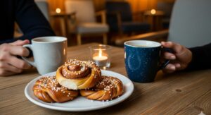 A cozy table set for a Swedish Fika, with cups of coffee, delicious cinnamon buns, and two people enjoying a relaxed moment of connection.